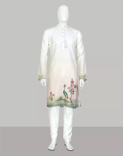 White and Cream Peacock with Floral Printed Cotton Kurta Set