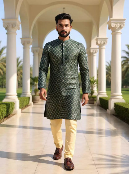 Bottle Green Jacquard Kurta with Gold Pyjama