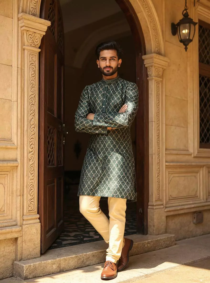 Bottle Green Jacquard Kurta with Gold Pyjama