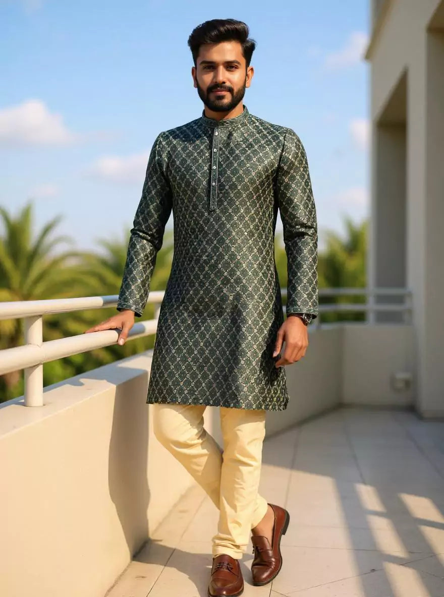 Bottle Green Jacquard Kurta with Gold Pyjama