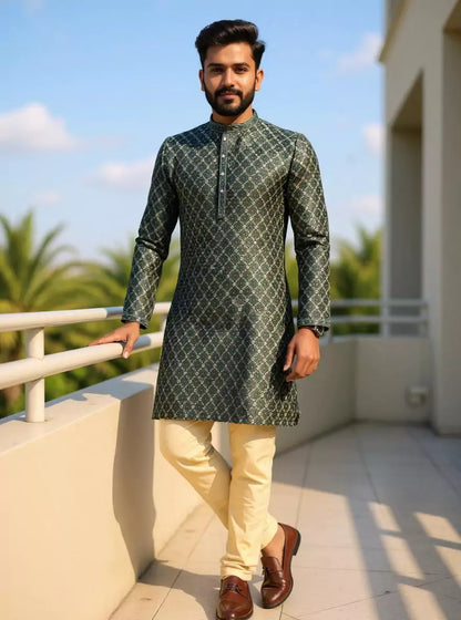 Bottle Green Jacquard Kurta with Gold Pyjama