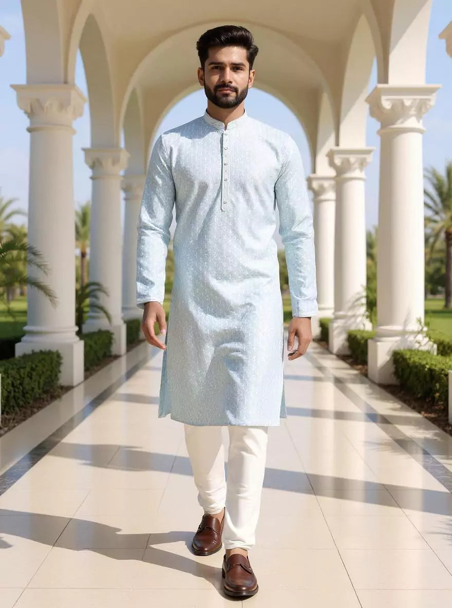 Sky Blue Floral Thread work Cotton Silk Kurta Pyjama Set