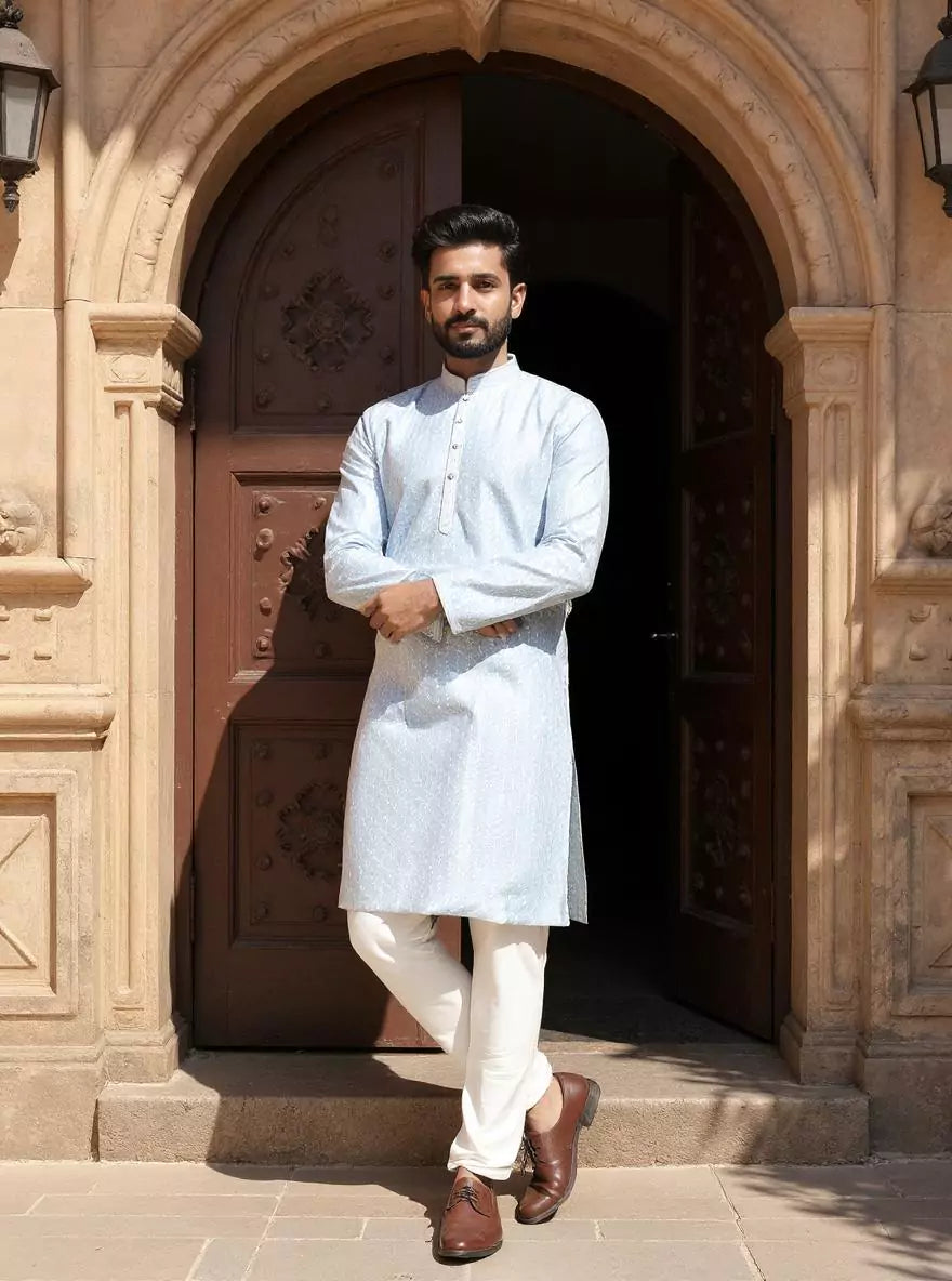 Sky Blue Floral Thread work Cotton Silk Kurta Pyjama Set