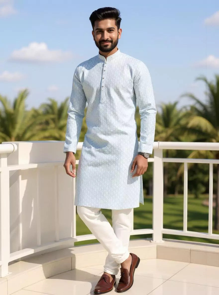 Sky Blue Floral Thread work Cotton Silk Kurta Pyjama Set
