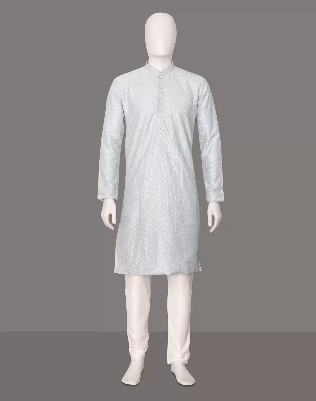 Sky Blue Floral Thread work Cotton Silk Kurta Pyjama Set