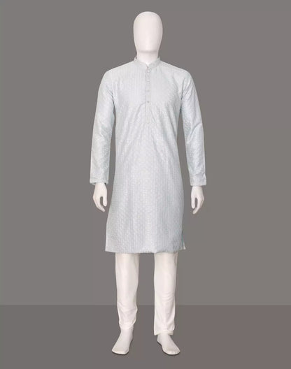 Sky Blue Floral Thread work Cotton Silk Kurta Pyjama Set
