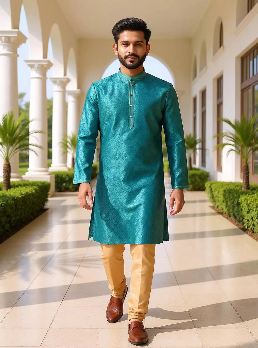 Rama Green Floral Weaving Jacquard Kurta Pajama