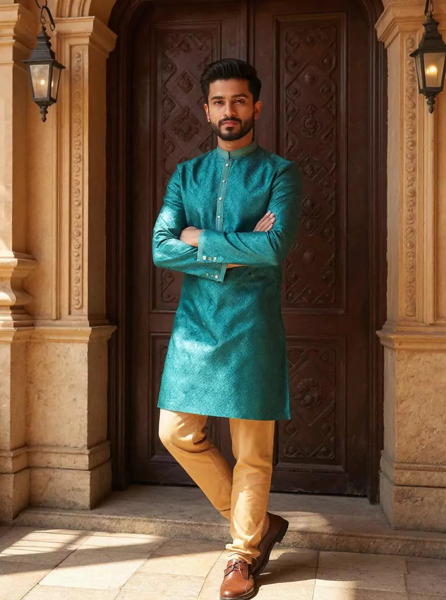Rama Green Floral Weaving Jacquard Kurta Pajama