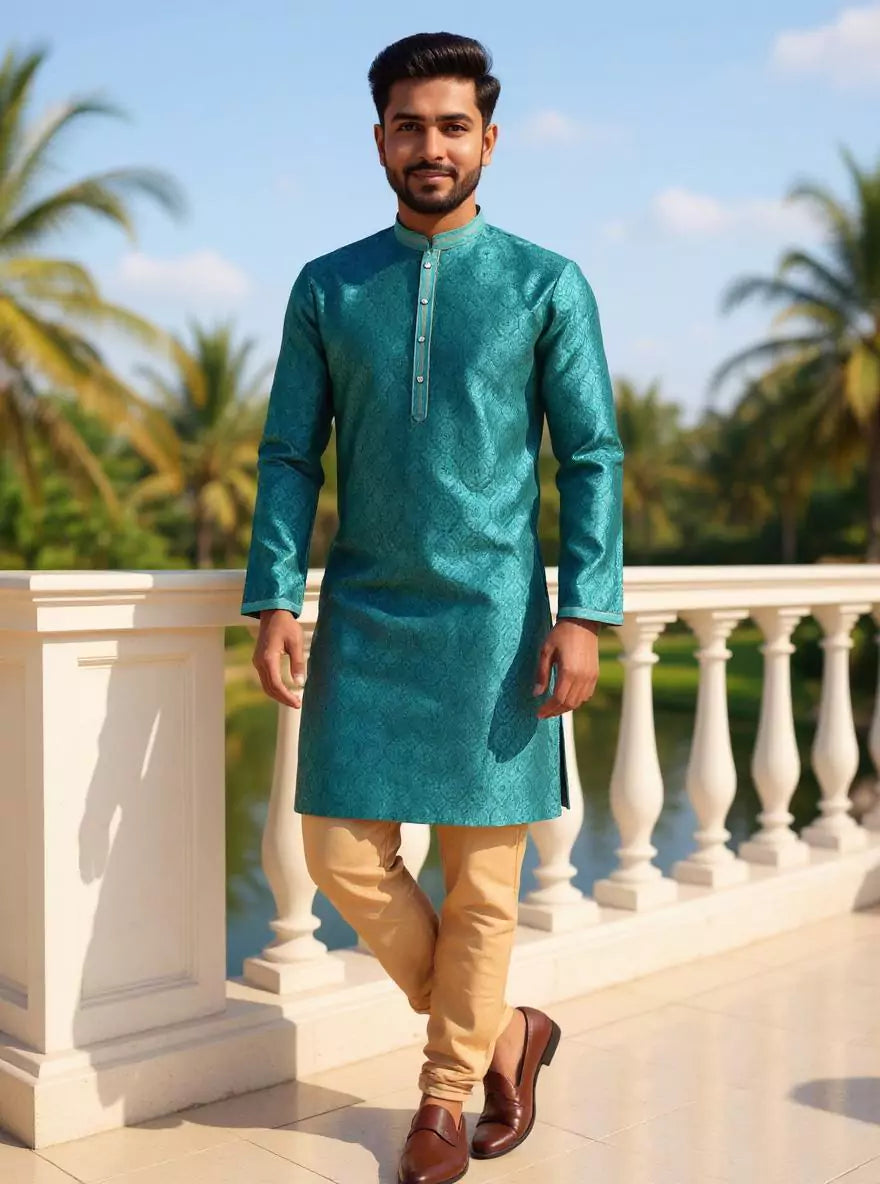 Rama Green Floral Weaving Jacquard Kurta Pajama