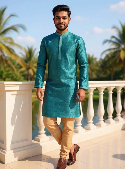 Rama Green Floral Weaving Jacquard Kurta Pajama
