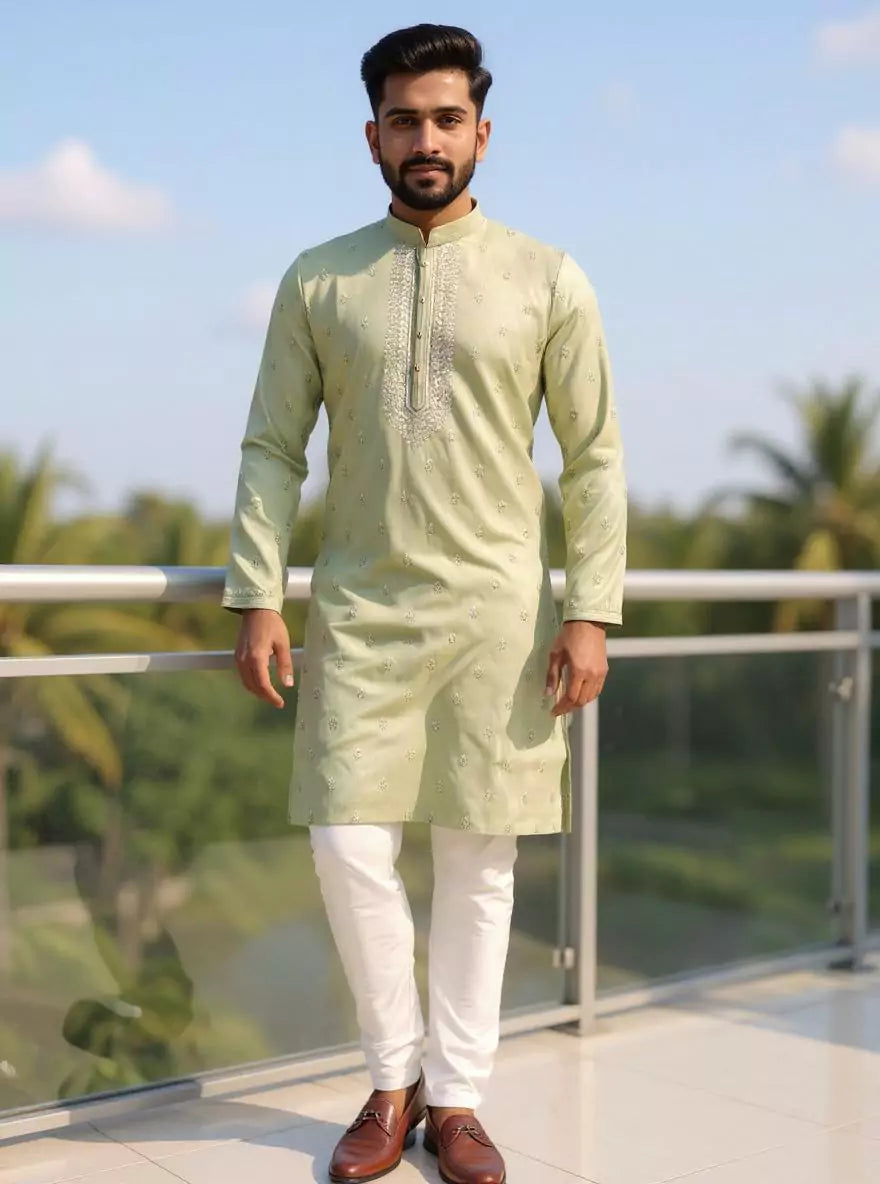 Floral Embroidery work Milky Silk Pista Kurta Pyjama Set