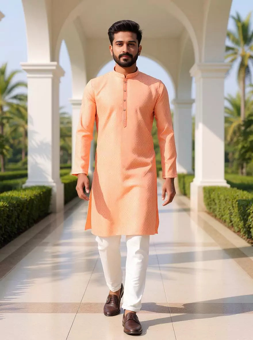 Cotton Silk Self Patterned Peach Kurta with Gold Pyjama