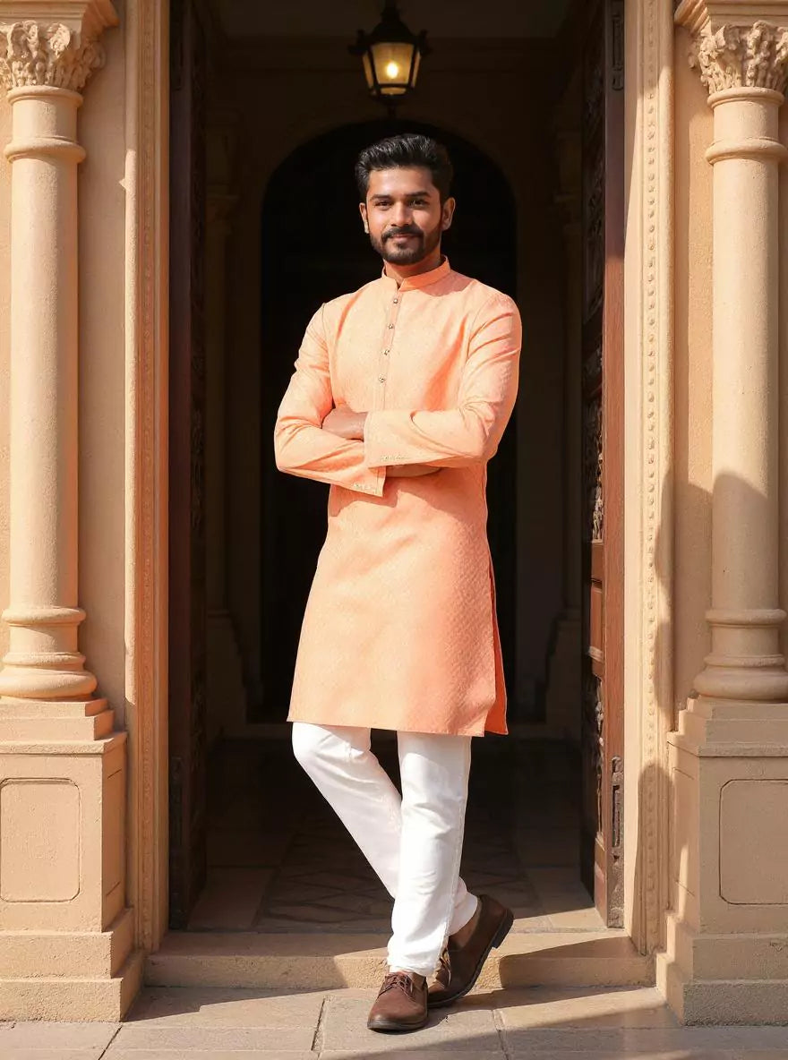Cotton Silk Self Patterned Peach Kurta with Gold Pyjama