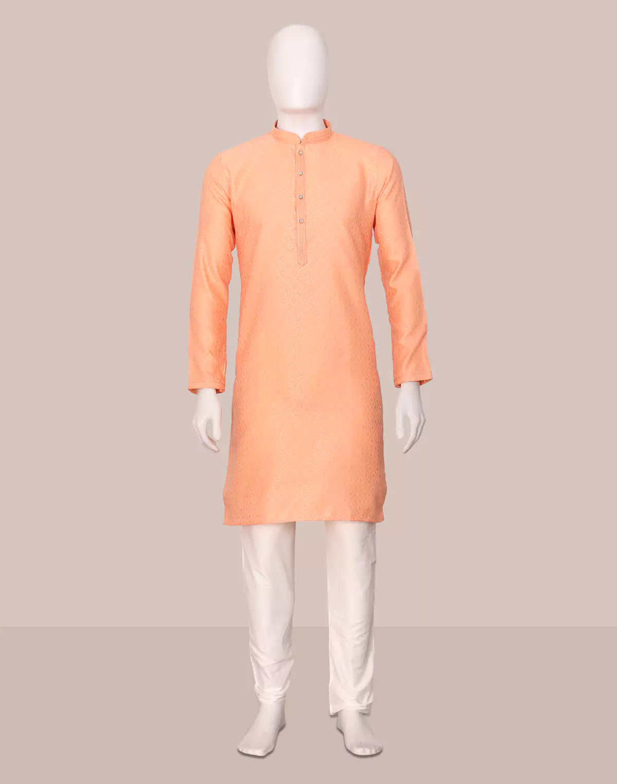 Cotton Silk Self Patterned Peach Kurta with Gold Pyjama