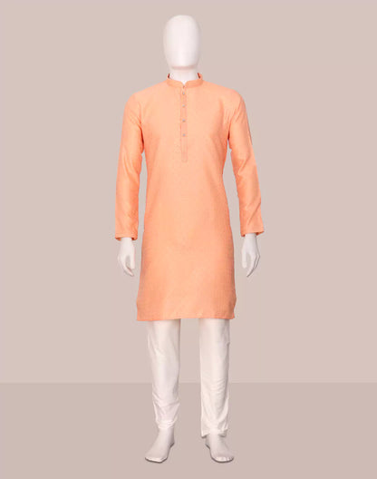 Cotton Silk Self Patterned Peach Kurta with Gold Pyjama