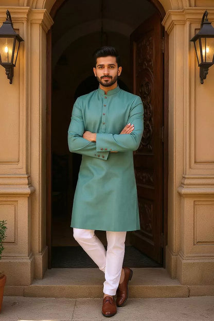 Pista Flex Cotton Plain Kurta with Pajama Set