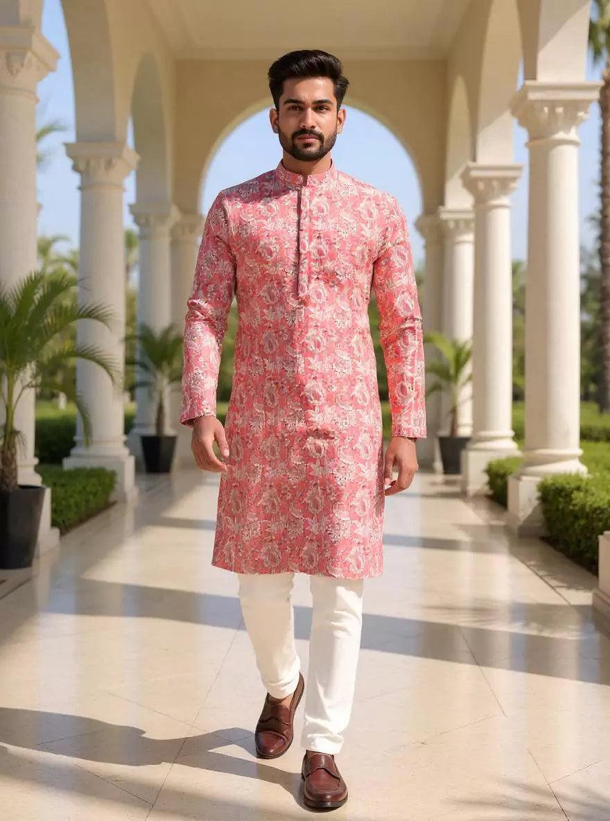 Onion Floral Printed Chanderi Cotton Kurta Pyjama Set