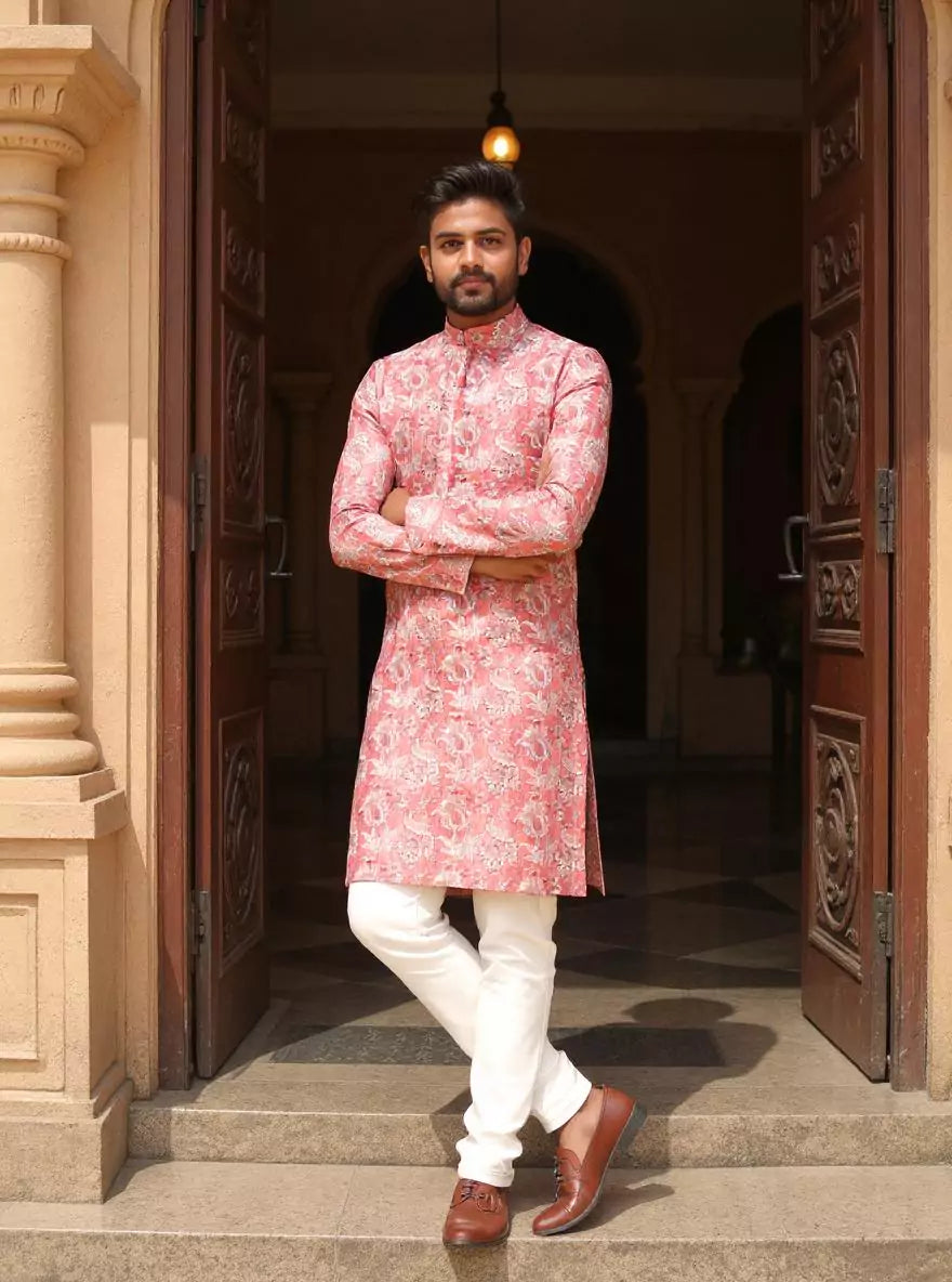 Onion Floral Printed Chanderi Cotton Kurta Pyjama Set