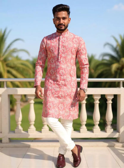 Onion Floral Printed Chanderi Cotton Kurta Pyjama Set