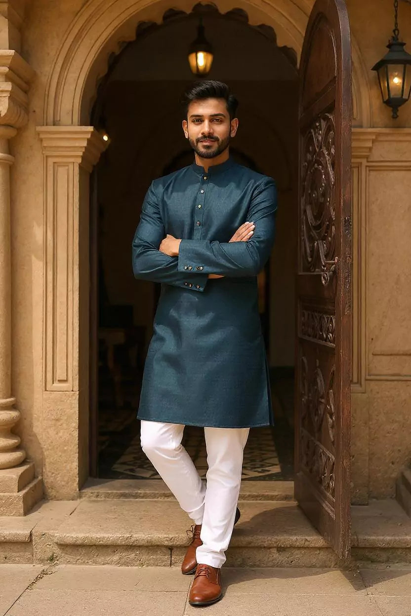 Bottle Green Floral Classic Cotton Kurta Pyjama Set