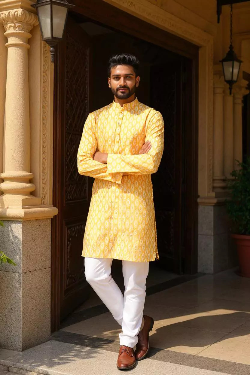 Yellow Trellis Patterned Cotton Printed Kurta Pyjama Set