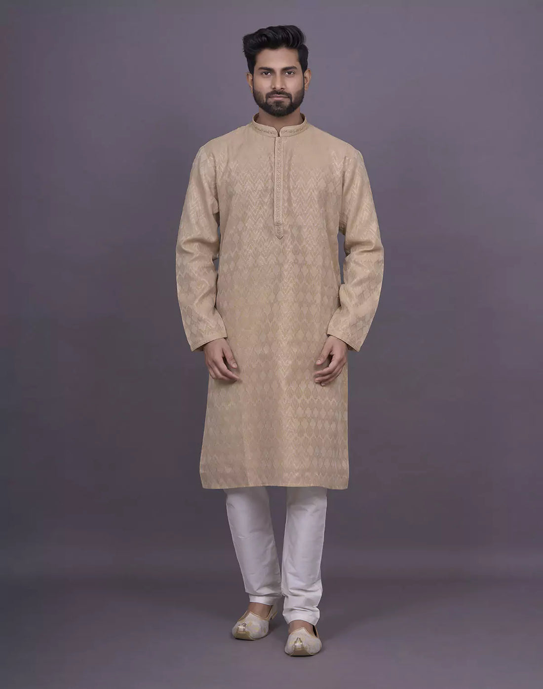 Gold Self Design Raw Silk Kurta Set