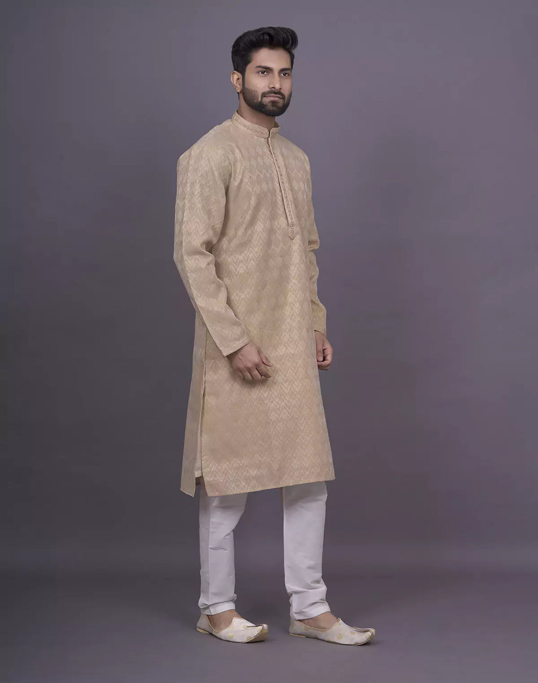 Gold Self Design Raw Silk Kurta Set