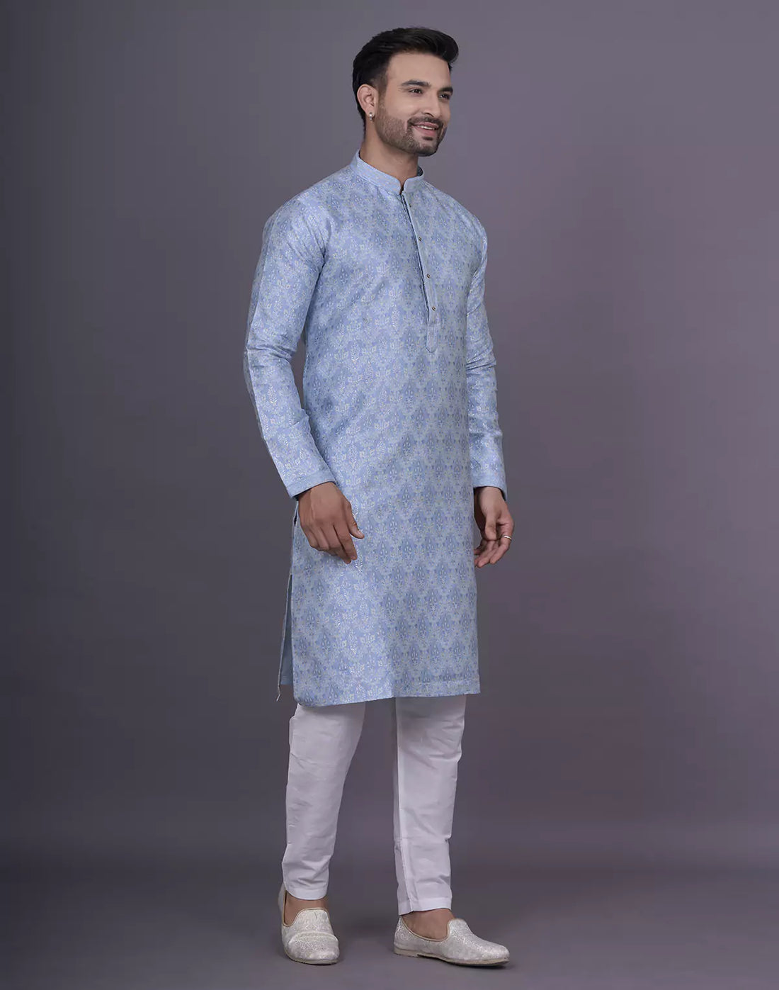 Sky All Over Floral Motifs Jacquard  Kurta Pyjama Set