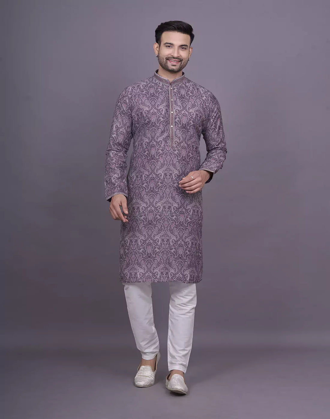 Graceful Maroon Floral Printed Jacquard Kurta Pyjama Set