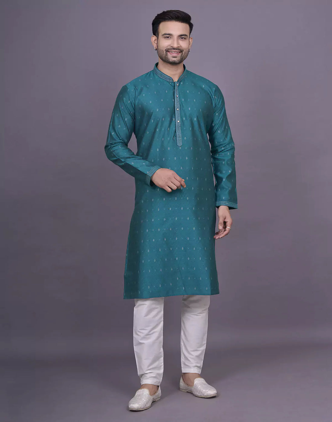 Self Brocade Design Jacquard Rama Colour Kurta Pyjama Set