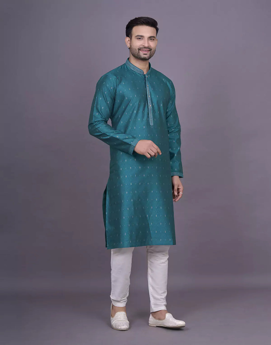 Self Brocade Design Jacquard Rama Colour Kurta Pyjama Set
