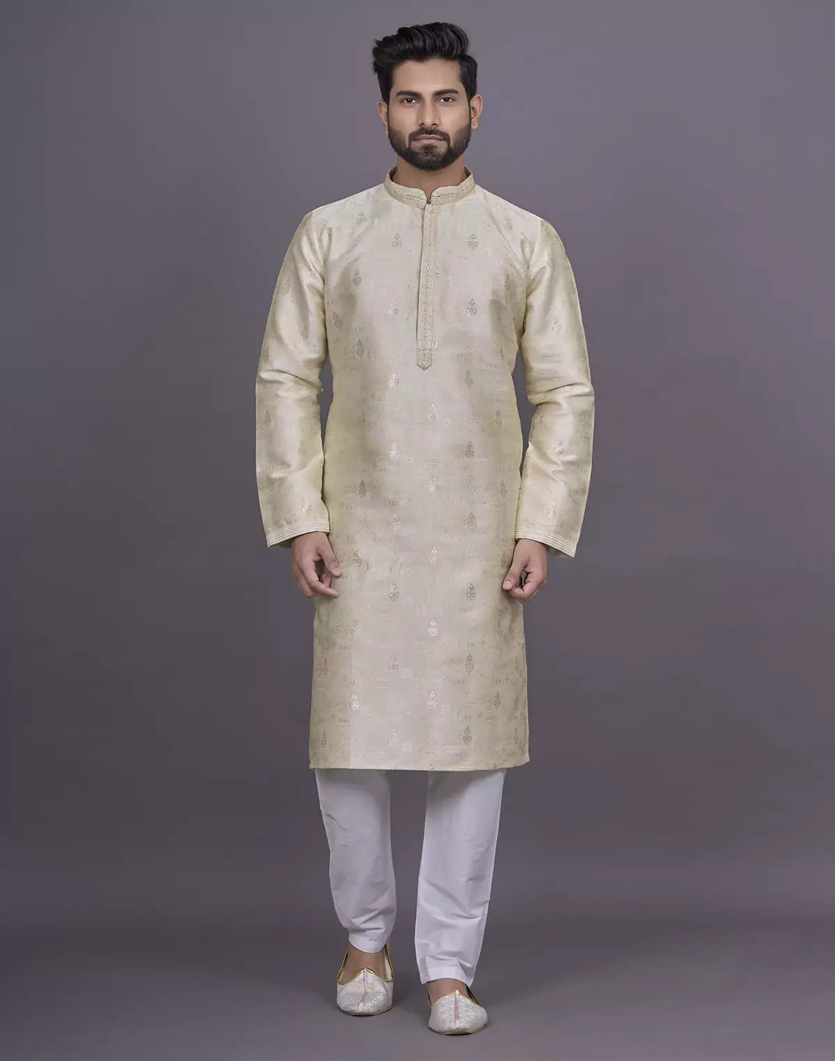Cream Floral Design Thread work Stylish Kurta Pyjama Set