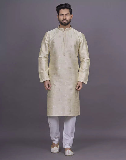 Cream Floral Design Thread work Stylish Kurta Pyjama Set