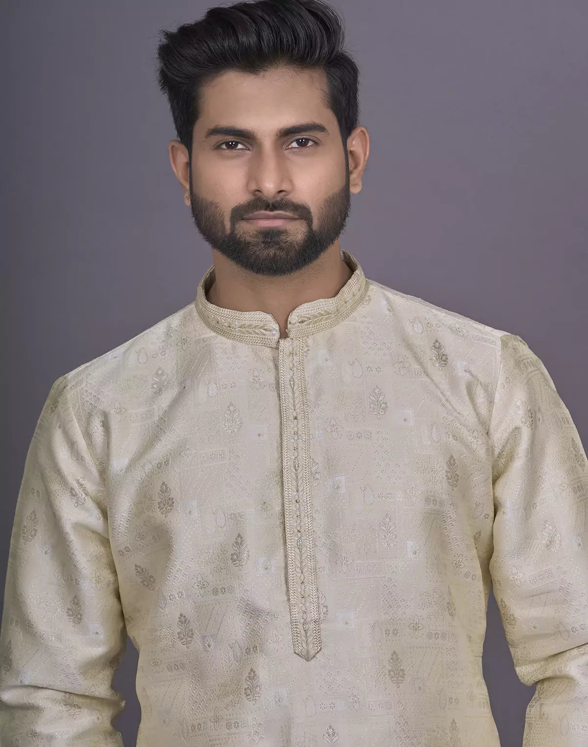 Cream Floral Design Thread work Stylish Kurta Pyjama Set