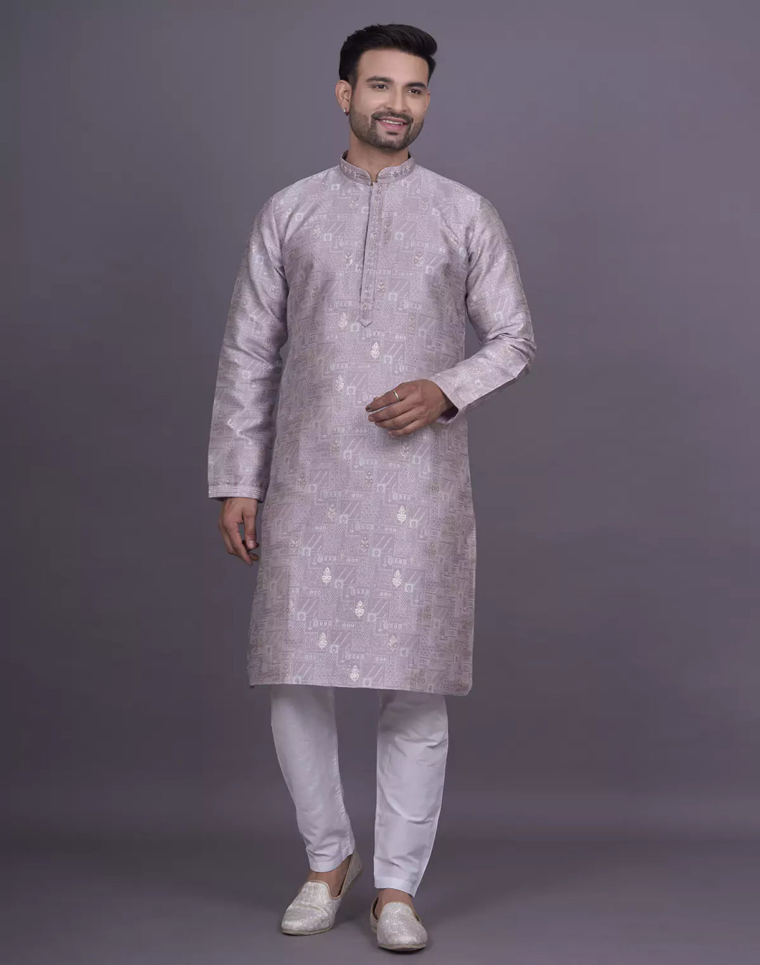 Lilac Colored Floral Design Thread work Jacquard Stylish Kurta Pyjama Set