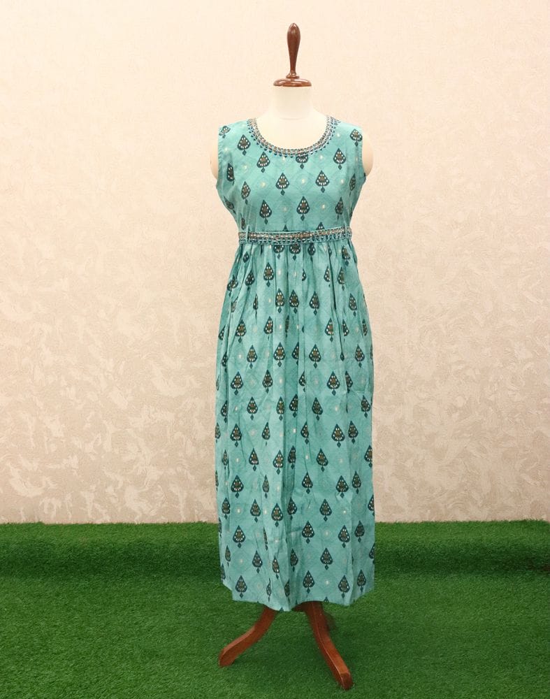 Light Blue Geometric Print Silk Fabric Kurti