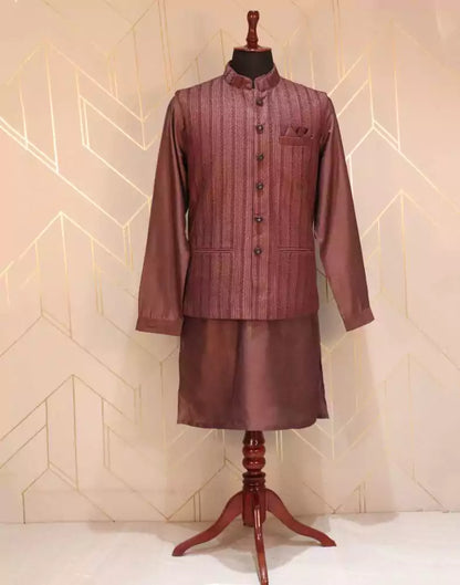 Maroon Striped Raw Silk Weave Kurta Jacket Set