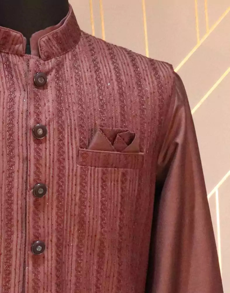 Maroon Striped Raw Silk Weave Kurta Jacket Set