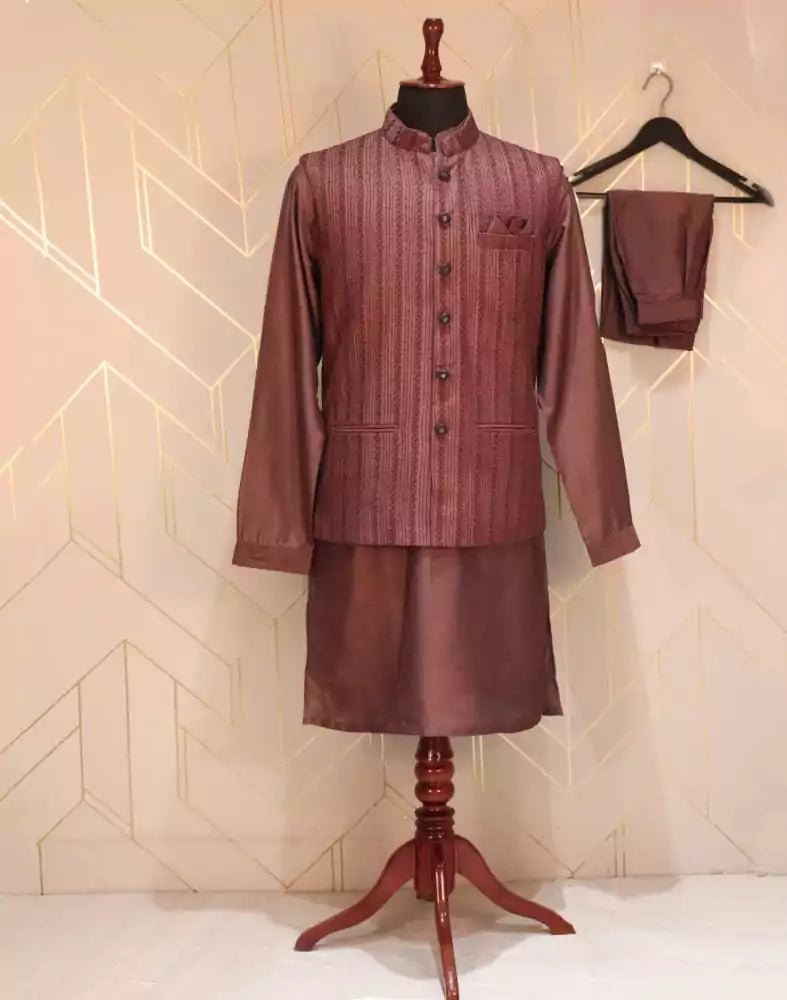 Maroon Striped Raw Silk Weave Kurta Jacket Set