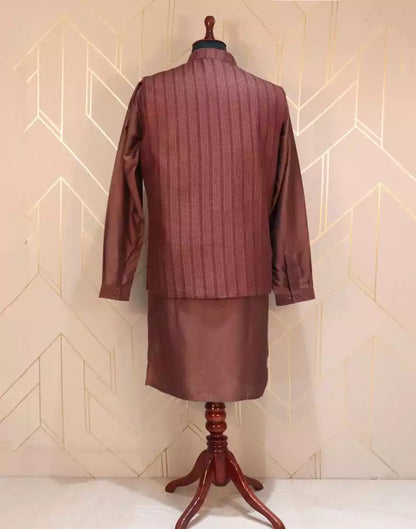 Maroon Striped Raw Silk Weave Kurta Jacket Set