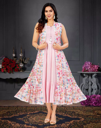 Pink Coloured Cotton Silk Graphic Print Kurti with Shrug