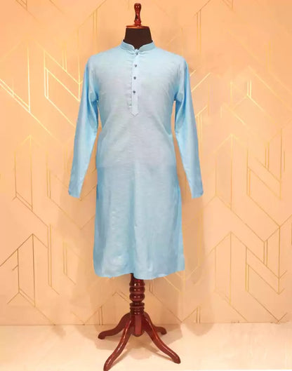 Sky Blue Plain Cotton Kurta Pyjama Set