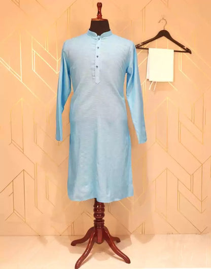 Sky Blue Plain Cotton Kurta Pyjama Set