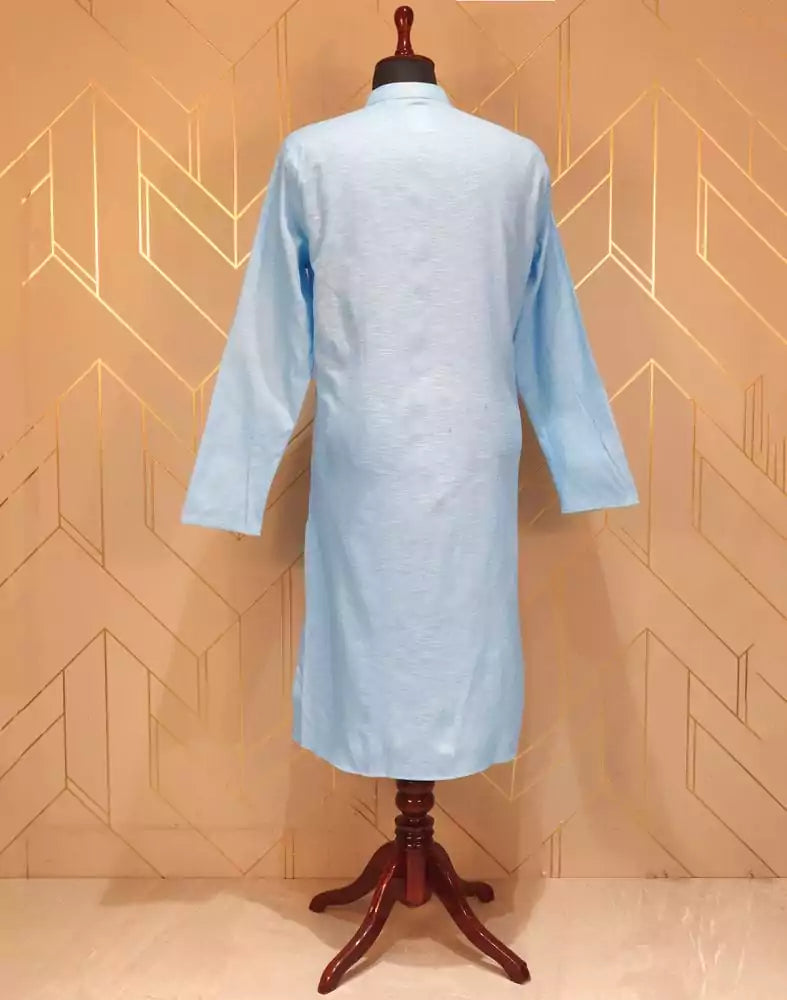 Sky Blue Plain Cotton Kurta Pyjama Set
