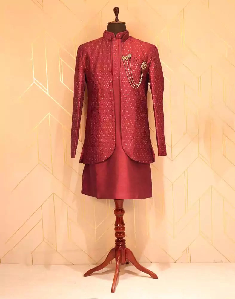 Maroon Raw Silk Kurta Jacket Set with Embellished Work