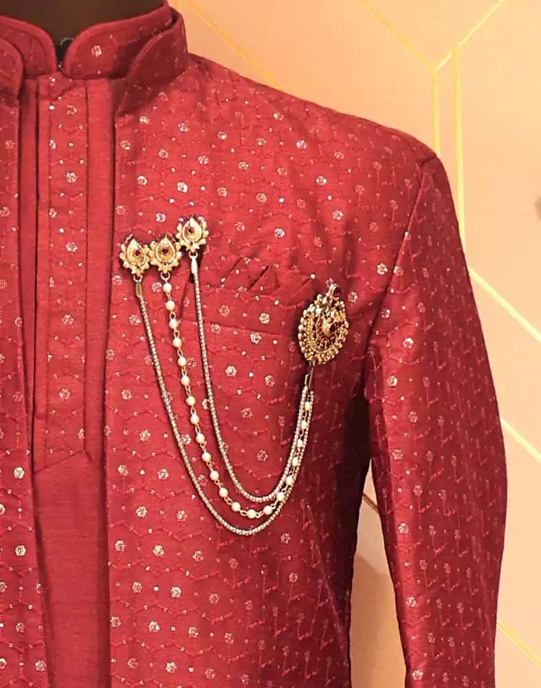 Maroon Raw Silk Kurta Jacket Set with Embellished Work