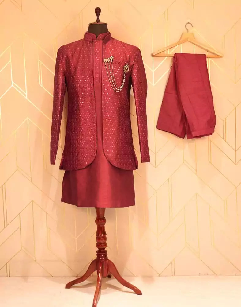 Maroon Raw Silk Kurta Jacket Set with Embellished Work