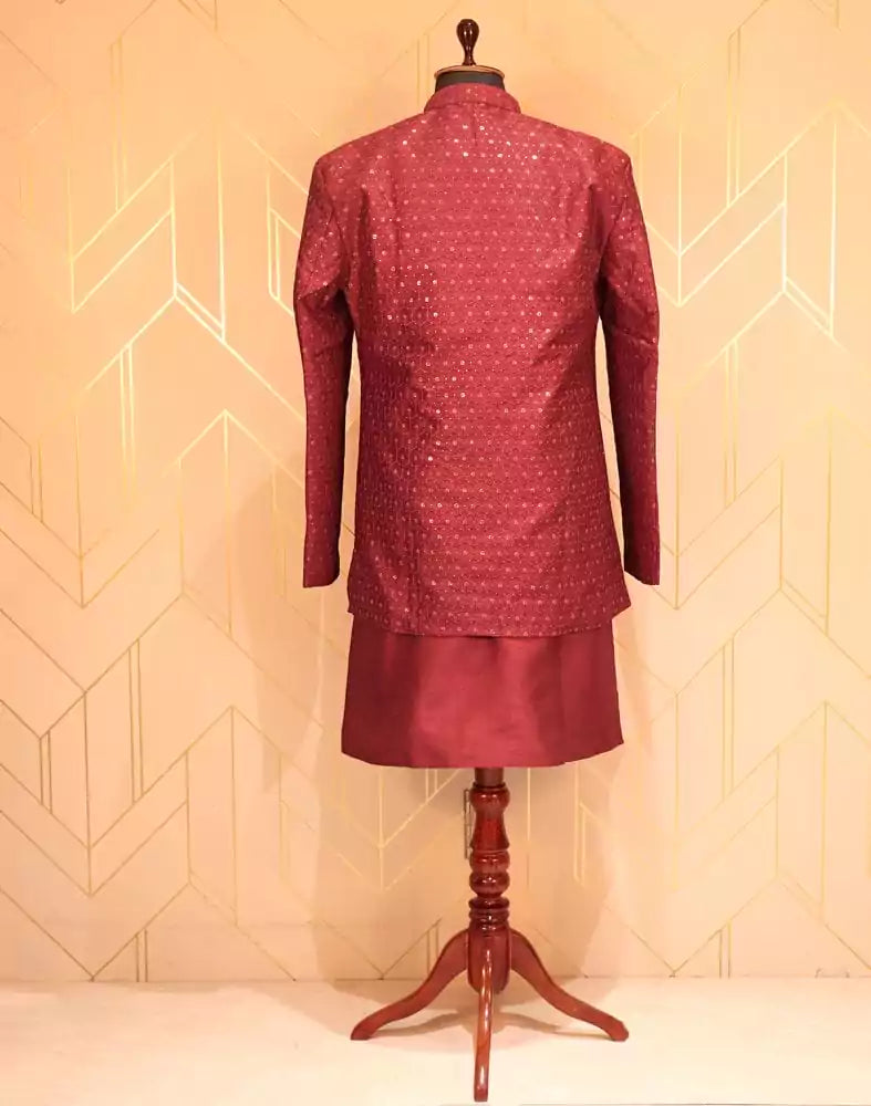 Maroon Raw Silk Kurta Jacket Set with Embellished Work