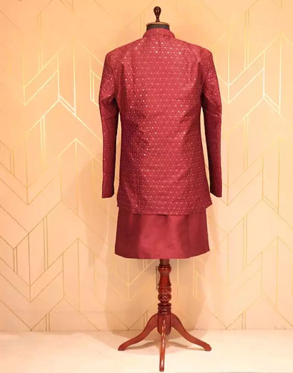 Maroon Raw Silk Kurta Jacket Set with Embellished Work