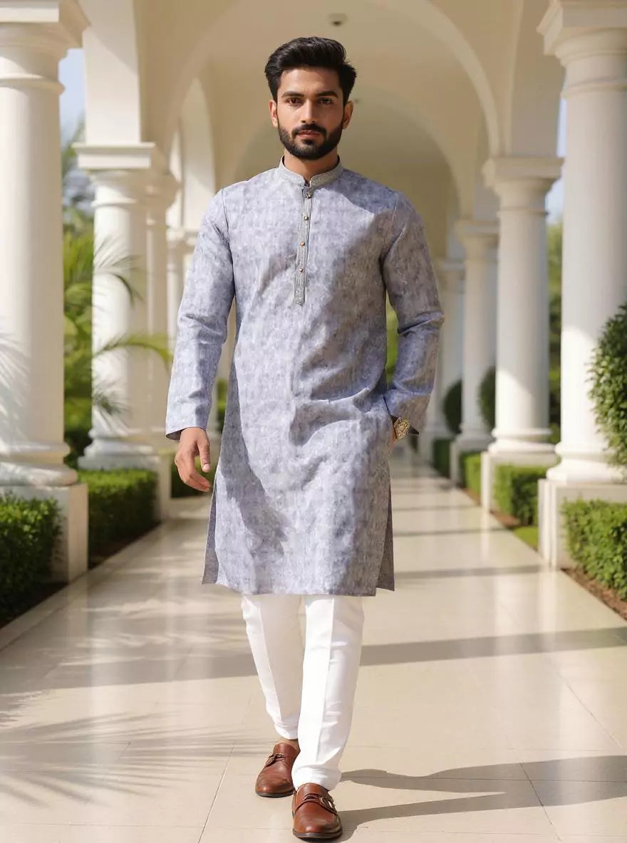 Grey Self Design Jacquard Embellished work Kurta Pyjama Set